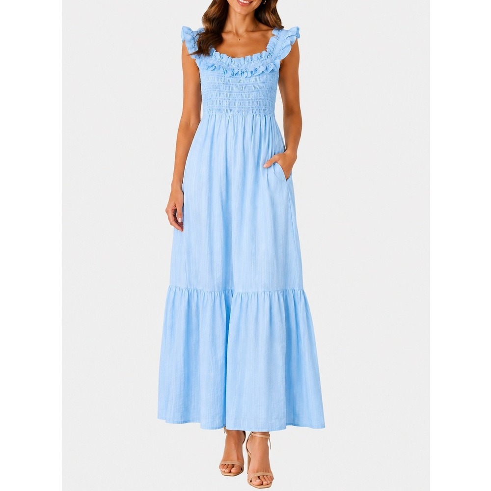 Ganni Maxi Dress Ruffle-Trimmed Smocked Seersucker Light‎ Blue  Size 38